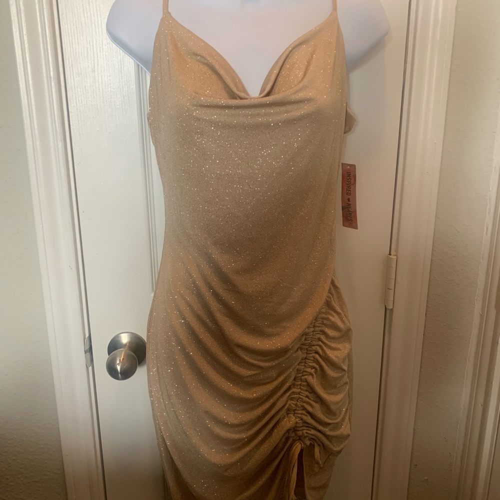 Gold Ruched Cowl Neck Spaghetti Strap Dress